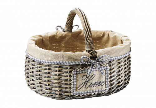 Deko-Korb oval aus Weide grey-washed mit Textil ausgeschlagen