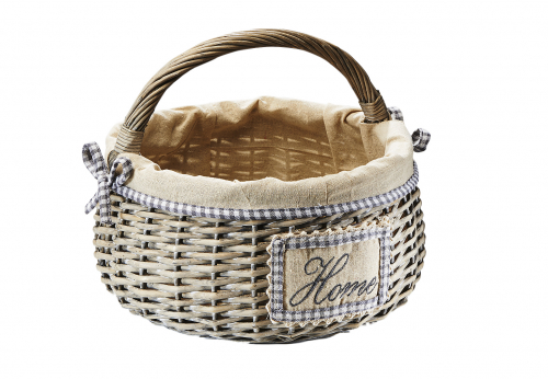 Deko-Korb rund aus Weide grey-washed mit Textil ausgeschlagen