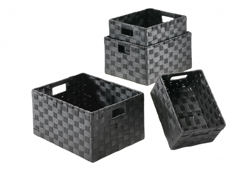 Regalkorb eckig schwarz aus Bastgeflecht auf Metallrahmen geflochten S/4