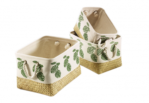 Regalkorb LEAF eckig Seegras mit Textil S/3