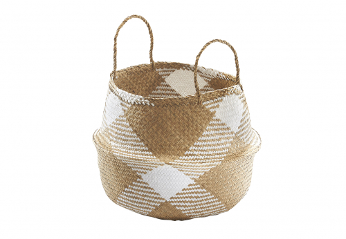 Faltkorb aus Seegras natur und wei�em Bast gemustert mit Griffen