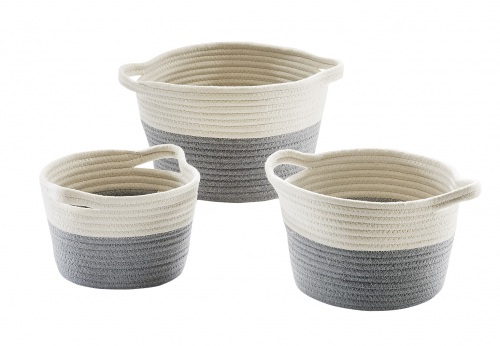 Baumwollkorb rund grau wei� mit Griffen S/3