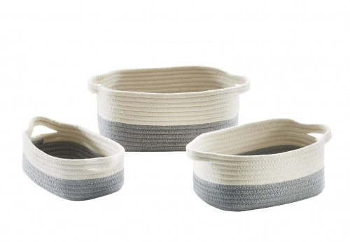 Baumwollkorb rund oval wei� grau mit Griffen S/3