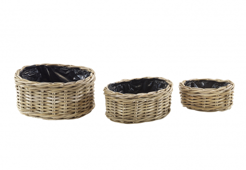 Pflanzk�rbchen Rattan oval kubu grey mit Folie ausgeschlagen S/3