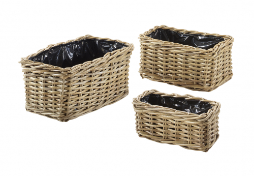 Pflanzschale eckig aus Rattan kubu grey mit Folie ausgeschlagen S/3