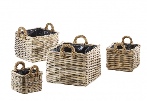 Pflanzkorb Rattan kubu grey eckig Griffe m. Folie ausgeschlagen S/4