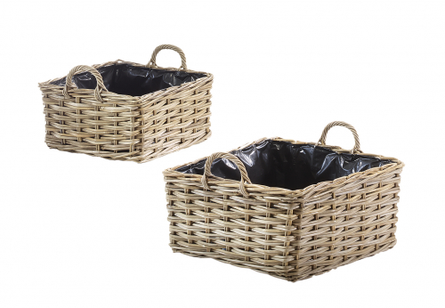 Pflanzkorb Rattan grey eckig mit Folie ausgeschlangen Griffe S/2
