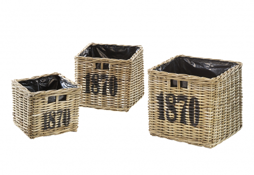 Pflanzkorb aus Rattan 1870 kubu grey quadratisch mit Griffen und Folie ausgeschlagen S/3