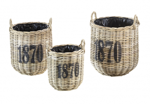 Pflanzkorb aus Rattan 1870 kubu grey rund mit Griffen und Folie ausgeschlagen S/3