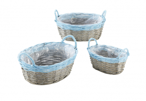 Pflanzkorb aus Weide grau mit blauen Griffen aus Polyrattan und Folie S/3