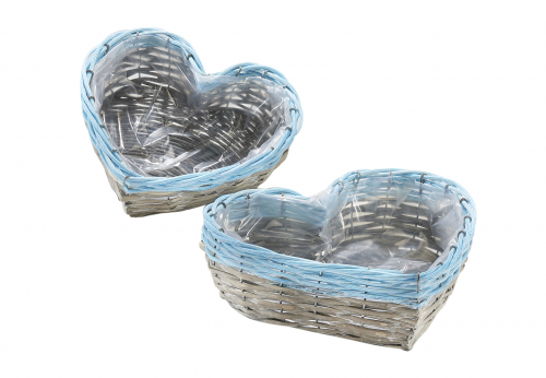 Pflanzherz aus Weide grau mit blauem Rand und Folie ausgeschlagen S/2