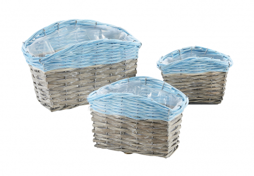 Pflanzgef�� eckig aus Weide grau und Polyrattan blau mit Folie ausgeschlagen S/3