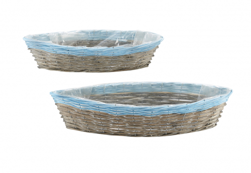 Pflanzschale lang Schiffchenform Weide grau blau mit Folie ausgeschlagen S/2