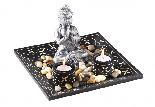 Dekoschale mit zwei Kerzenhaltern aus Holz und Buddha