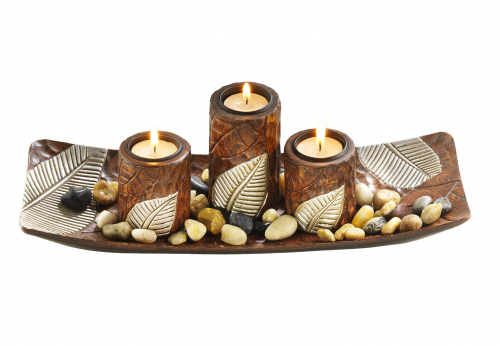 Dekoschale braun, rechteckig mit drei, dekorativen Kerzenhalter aus Holz