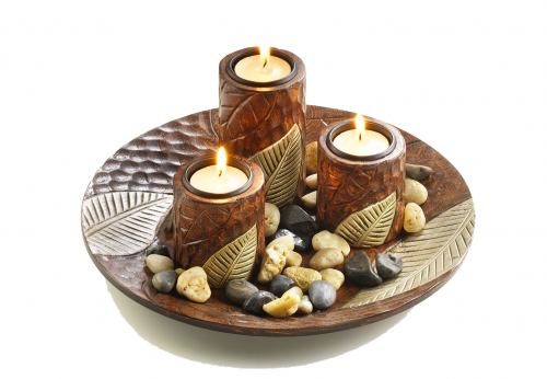 Dekoschale braun rund mit drei Kerzenhaltern