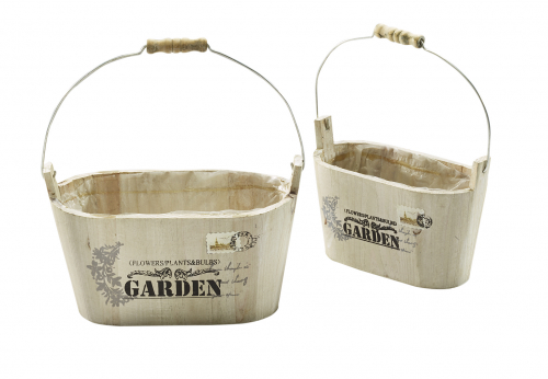 Pflanzgef�� aus Holz oval wei� m. Henkel m. Folie ausgeschlagen S/2