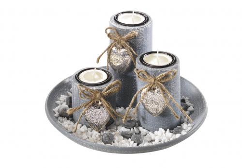 Dekoschale Holz rund mit 3 Kerzenhaltern grau und Steindekoration