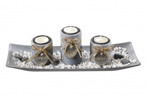 Dekoschale rechteckig mit 3 Kerzenhalter aus Holz grau und Steindekoration