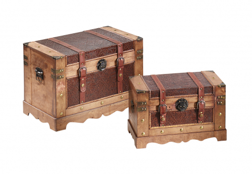 Truhe PORT ROYAL aus Holz braun mit Metall- und Kunstlederapplikationen S/2
