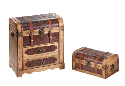 Truhe PUNTA CANA aus Holz braun mit Metall- und Kunstlederapplikationen S/2