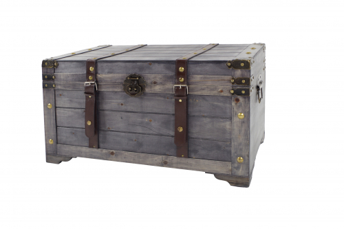 Truhe KUBA aus Holz grau mit Metall- und Kunstlederapplikationen GR2