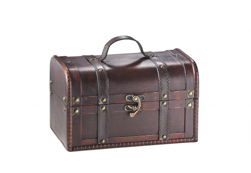 Truhe SAN PEDRO aus Holz braun mit Metall- und Kunstlederapplikationen