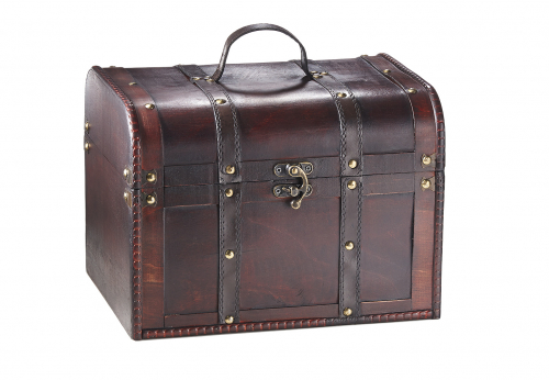 Truhe CRISTOBAL aus Holz braun mit Metall- und Kunstlederapplikationen