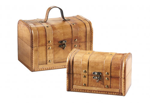 Truhe BARBUDA aus Holz braun mit Metall- und Kunstlederapplikationen S/2