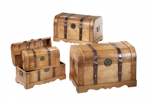 Truhe ANTIGUA aus Holz braun mit Metall- und Kunstlederapplikationen S/4