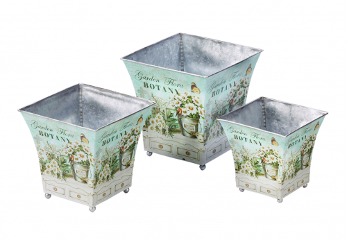 �bertopf quadratisch aus Metall Blumendekor S/3