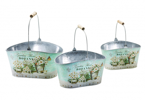 Deko-�bertopf oval Metall mit Trageb�gel Blumendekor S/3