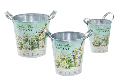 Deko-�bertopf rund aus Metall mit Blumendeko S/3