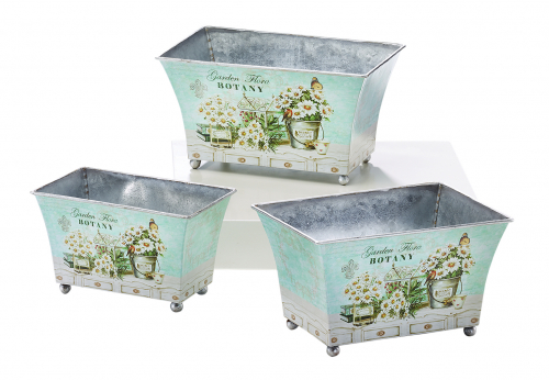 Deko-Pflanzschale rechteckig aus Metall Blumendekor S/3