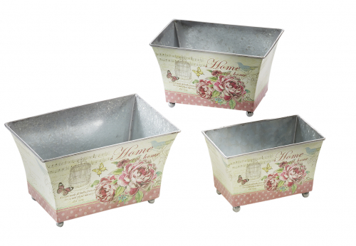 Deko-Pflanzschale Rosen rechteckig aus Metall Rosendekor S/3