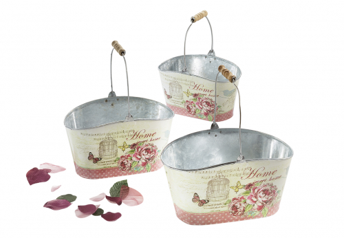 Deko-Pflanzschale oval Rosen Metall mit Trageb�gel Rosendekor S/3