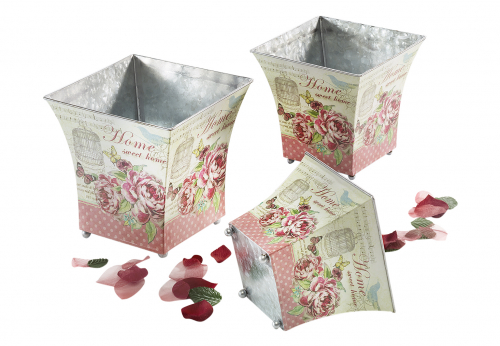 �bertopf quadratisch  aus Metall  Rosendekor S/3