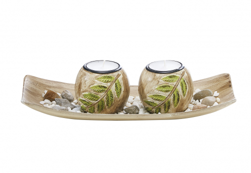 Dekoschale mit 2 Kerzenhalter im Blattdesign