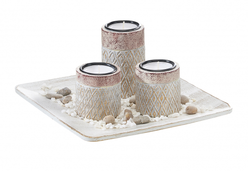 Blatt Dekoschale mit drei Kerzenhaltern und Dekosteinen Rautendesign