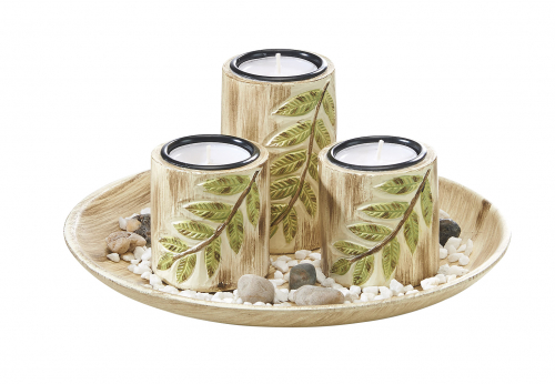 Dekoschale rund mit drei Kerzenhaltern und Blattdesign