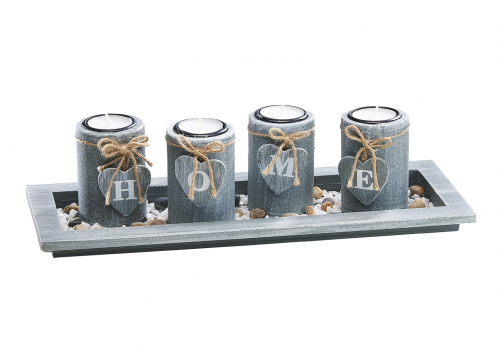 Dekoschale mit vier Kerzenhaltern und Aufschrift HOME