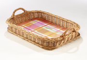Tablett eckig gek. Weide/Textil mit Folie Karo bunt