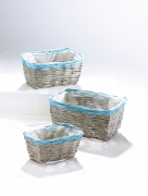 Pflanzgef�� aus Weide grau eckig mit blauem Rand und Folie ausgeschlagen S/3