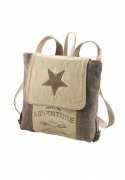Rucksack ADVENTURE aus bedrucktem Canvas mit Lederhenkeln und Applikationen