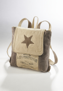 Rucksack ADVENTURE aus bedrucktem Canvas mit Lederhenkeln und Applikationen