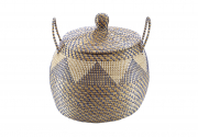 Korb mit Deckel aus Seegras mit Kunststoffband umwickelt