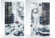 Paravent 3-teilig mit Holzrahmen Canvas�berzug beidseitig bedruckt Motiv Buddha