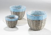 �bertopf aus Weide grau Polyrattan blau rund mit Folie ausgeschlagen S/3