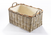 Holzkorb/Kaminkorb rechteckig Kubu grey aus Rattan mit Griffen und Leinen