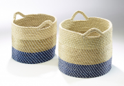 Deko-Korb aus Seegras blau, wei� und natur mit wei�em Kunststoffband S/2